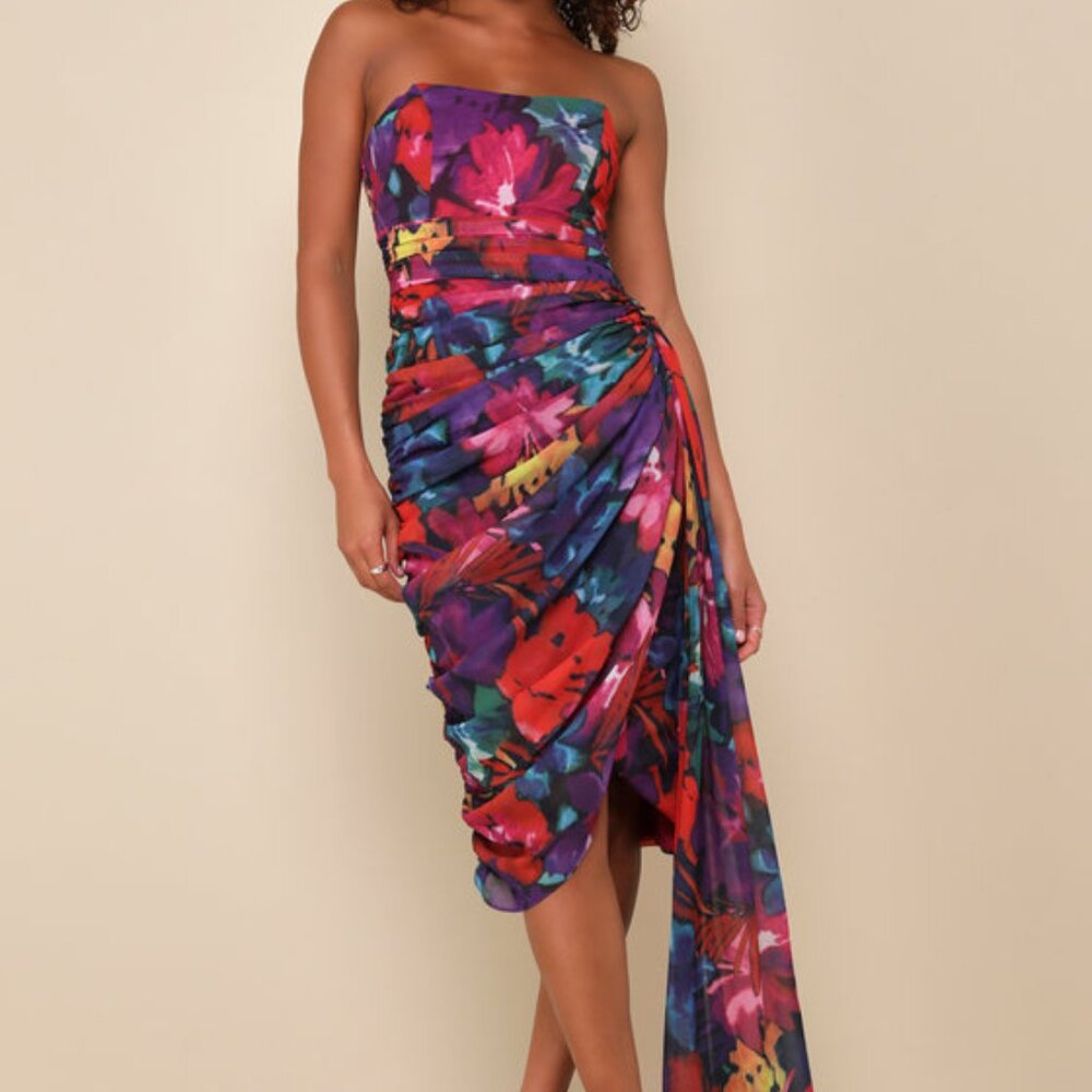 Lulus Uncommon Aesthetic Black Floral Strapless Bodycon Midi Dress - Size M